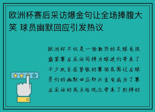 欧洲杯赛后采访爆金句让全场捧腹大笑 球员幽默回应引发热议