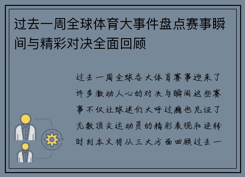 过去一周全球体育大事件盘点赛事瞬间与精彩对决全面回顾