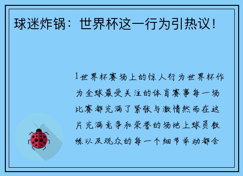 球迷炸锅：世界杯这一行为引热议！